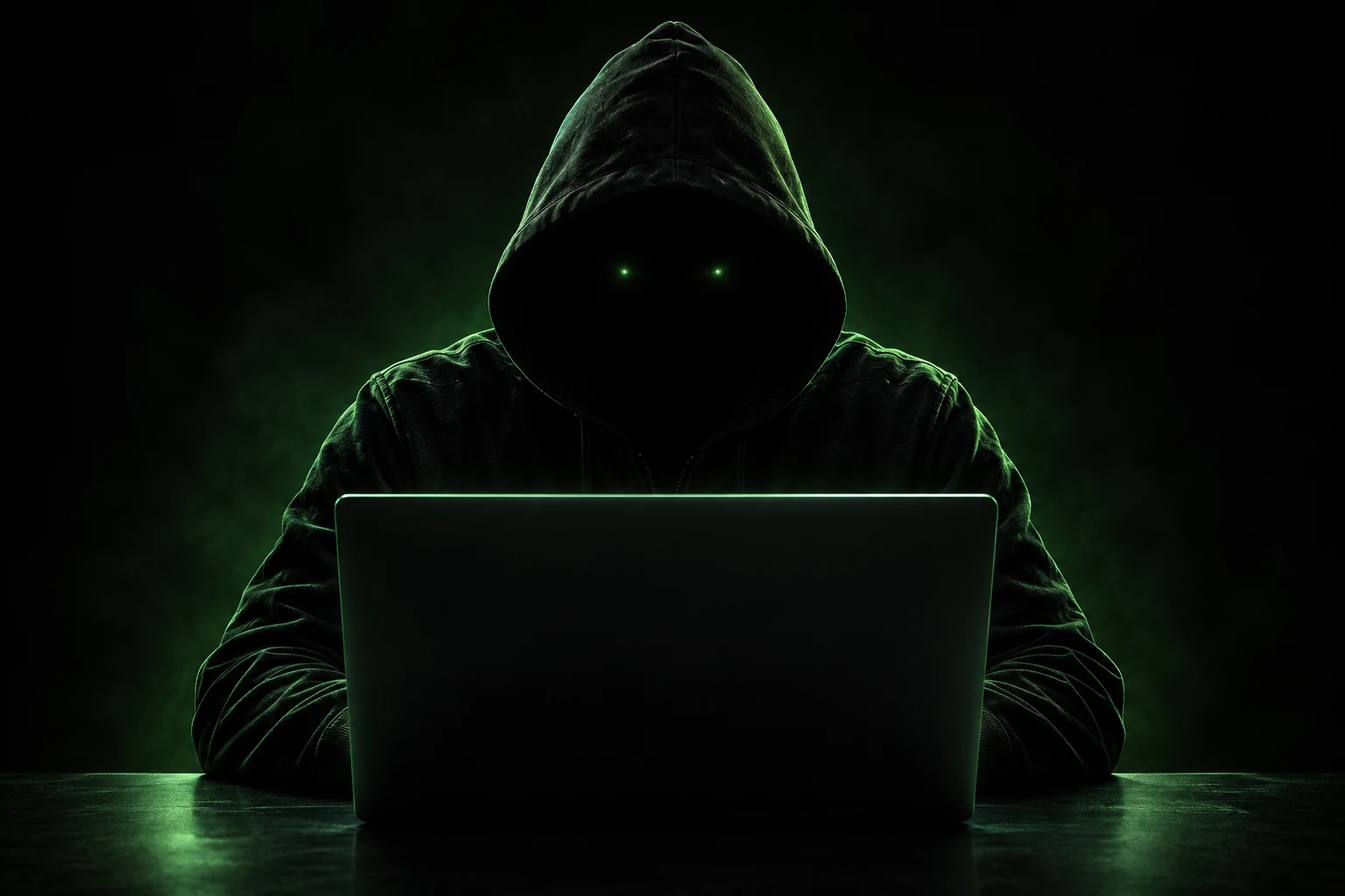 Hooded cyber figure at a laptop